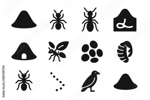 Ant Mound Icons. Ant Mound. Solid icon set of Ant Mound: anthill, worker ant, queen icon, tunnel cross-section, entrance hole, leaf carry, egg cluster, pupa,