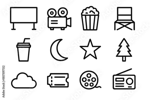 Outdoor Entertainment Icons. Outdoor Entertainment. Line icon set of Outdoor Entertainment: movie screen, projector, popcorn, chair, soda, moon, star, tree,