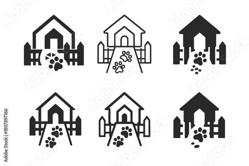 Pet-Friendly Home Icons. Pet-friendly home ideas. Icon set. Set Logo of pet-friendly home ideas: pet bed and blanket corner. harmonious logo variations of the