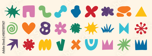 colorful organic doodle hand drawn colorful set. shapes and squiggles childish style. Abstract funny cute kids shapes elements. naive art