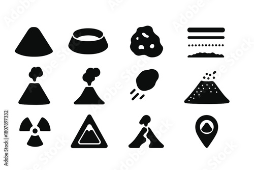Volcanic Icon Set. Volcanic Cinder Cone. Solid icon set of Volcanic Cinder Cone: cone profile, crater, lava rock, ash layer, vent, fumarole, lava bomb, tephra