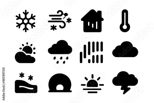 Weather Icons Collection. Climate and Weather. Solid icon set of Climate and Weather: snowflake, icy wind, frost, thermometer, cloudy sun, drizzle, aurora,