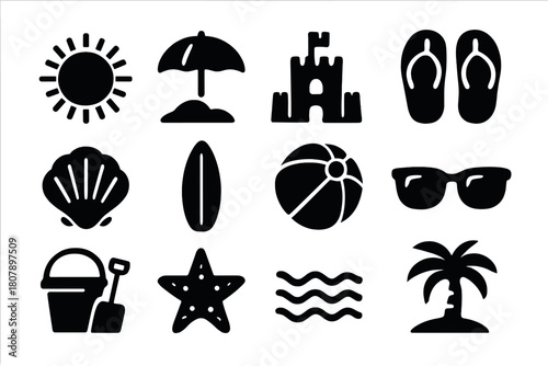 Summer Beach Icons. Summer Beach. Solid icon set of Summer Beach: sun, beach umbrella, sandcastle, flip flops, seashell, surfboard, beach ball, sunglasses,
