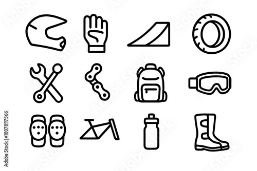 Stunt Bike Gear Icons. Stunt bike equipment. Line icon set of stunt bike equipment: helmet, gloves, ramp, tire, wrench, chain, backpack, goggles, pads, bike