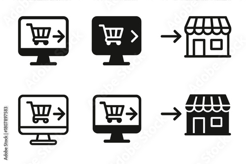 E-commerce Icon Variations. the influence of online shopping on brick-and-mortar stores. Icon set. Set Logo of the influence of online shopping on