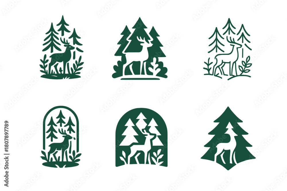 Obraz premium Forest Ecosystem Logos. forest ecosystem. Icon set. Set Logo of forest ecosystem: sun and water cycle over forest. harmonious logo variations of the same