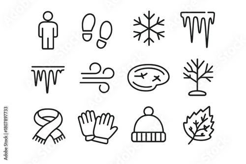 Frozen Winter Icons. Frozen moment. Line icon set of Frozen moment: person standing, footprints, ice patch, snowflake, icicles, cold wind, frozen pond, frozen