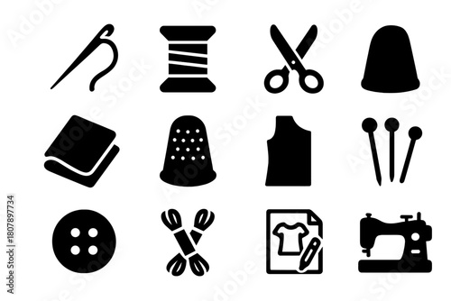 DIY Craft Icon Set. DIY Crafts. Solid icon set of DIY Crafts: needle, thread spool, embroidery hoop, scissors, fabric, thimble, pattern template, pins, button,