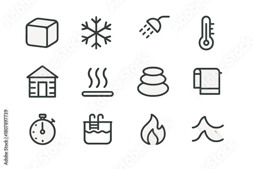 Cold and Heat Icons. Cold and heat therapy. Line icon set of cold and heat therapy: ice cube, snowflake, shower head, thermometer, sauna hut, steam, hot