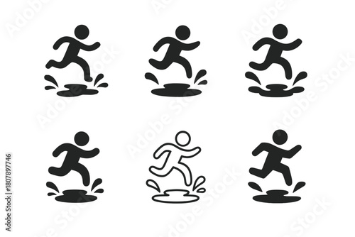 Puddle Jump Logos. Jumping over puddles. Icon set. Set Logo of Jumping over puddles: Splashes forming patterns. harmonious logo variations of the