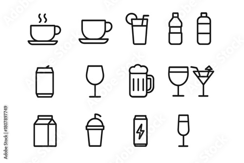 Beverage Icon Set. Beverage toast. Line icon set of beverage toast: wine glass, clinking glasses, cocktail glass, martini glass, champagne flute, beer mug,
