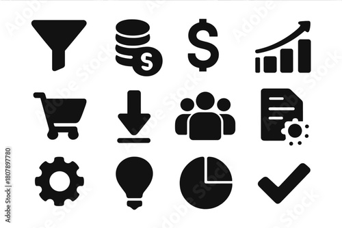Sales Funnel Icons. Sales funnel. Solid icon set of sales funnel: funnel, coins, dollar sign, graph, shopping cart, arrow down, people group, document, gear,