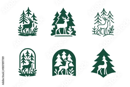 Forest Ecosystem Logos. forest ecosystem. Icon set. Set Logo of forest ecosystem: sun and water cycle over forest. harmonious logo variations of the same