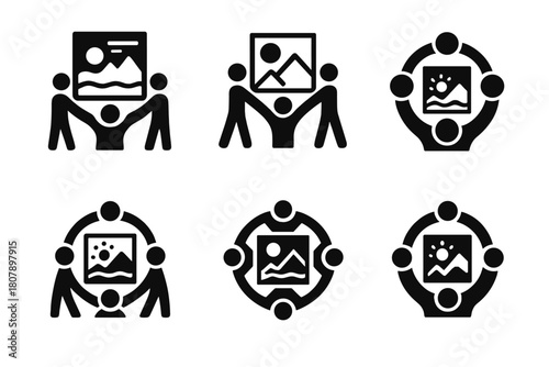 Community Mural Icons. A group of artists working together on a large community mural project. Icon set. Set Logo of Sketch Paper: Design planning. Negative