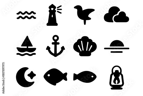 Sea Twilight Icons. Sea Twilight. Solid icon set of Sea Twilight: waves, lighthouse, seagull, boat, anchor, clouds, moon, star, shell, horizon, fish, lantern.