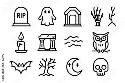Haunted Icon Set. Haunted burial ground. Line icon set of Haunted burial ground: tombstone, ghost, crypt, skeleton hand, candle, ancient ruins, fog, owl, bat,