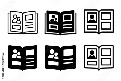 Family Album Icons. Creating family photo albums and scrapbooks. Icon set. Set Logo of creating family photo albums and scrapbooks: open photo album with