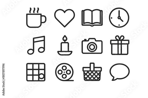 Quality Time Icons. Quality time. Line icon set of quality time: coffee mug, heart, book, clock, music note, candle, camera, picnic basket, board game, movie