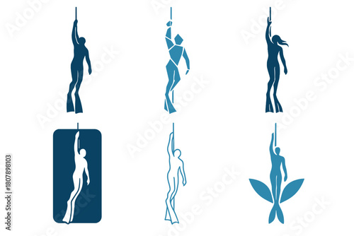 Freediving Logo Variations. Freediving. Set Logo of Freediving: diver along descent line. harmonious logo variations of the same emblematic concept, each with