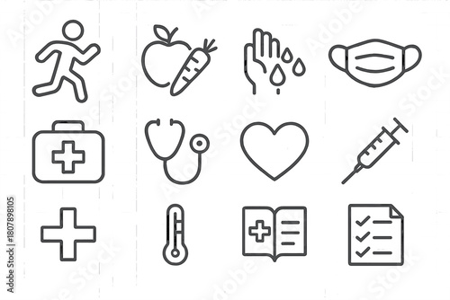 Wellness Line Icons. Wellness and prevention. Line icon set of Wellness and prevention: exercise figure, nutrition icon, hand washing, face mask, first aid