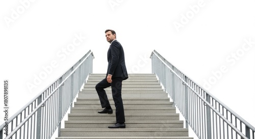 Confident Professional Man in Suit Ascending Concrete Staircase with Railings
