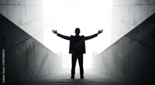Silhouette Businessman Standing Arms Outstretched on Stairway to Brightness Illustration