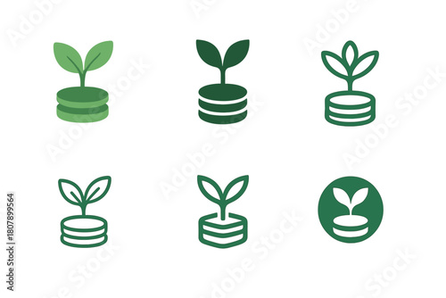 Entrepreneurial Growth Icons. A group of entrepreneurs discussing business growth and scalability. Icon set. Set Logo of financial growth: plant sprouting from