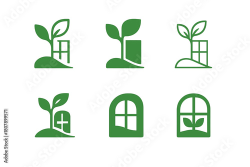 Green Architecture Icons. Green architecture. Icon set. Set Logo of Green architecture: Green roof. harmonious logo variations of the same emblematic concept