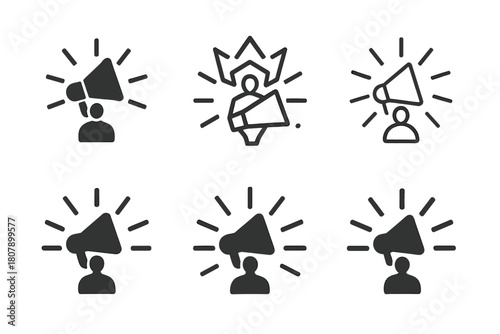 Public Speaking Icons. Public speaking. Line icon set of public speaking: microphone, podium, audience, speech bubble, light bulb, notebook, hand gesture,
