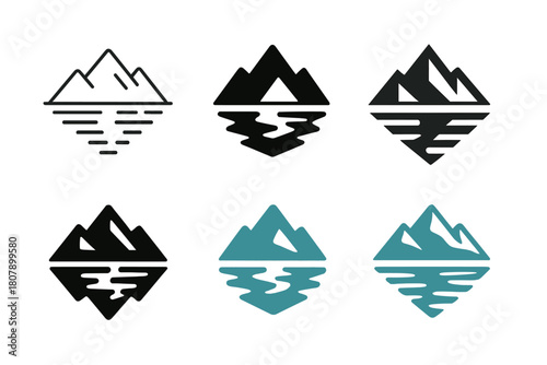 Mountain Lake Logos. Freshwater lakes with crystal-clear water. Icon set. Set Logo of mountain lake: peaks reflecting in water. harmonious logo variations of