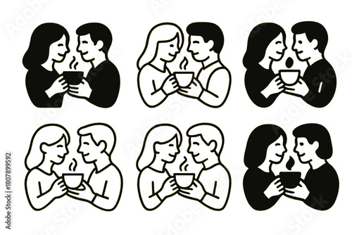 Simple Joys Logos. Couples Enjoying the Simple Things in Life Together. Icon set. Set Logo of Simple Joys: Sharing Coffee. harmonious logo variations of the