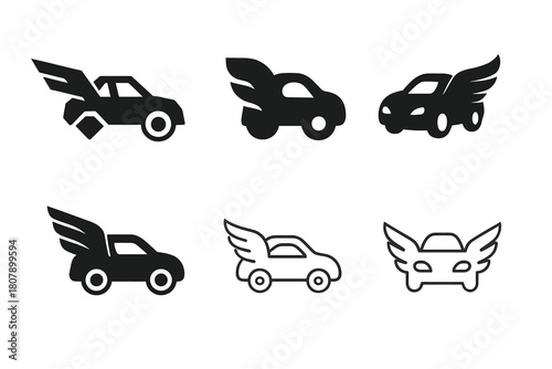 Enchanted Transport Logos. Fantasy and mythology in modern settings. Icon set. Set Logo of enchanted transportation: winged car. harmonious logo variations of
