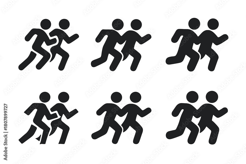 Naklejka premium Dynamic Logo Variations. Teamwork in motion. Icon set. Set Logo of progress: running figures. harmonious logo variations of the same emblematic concept, each