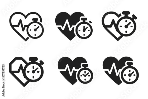 Endurance Icon Set. A personal trainer demonstrating a workout move for a client. Icon set. Set Logo of endurance: heartbeat and stopwatch combo. harmonious