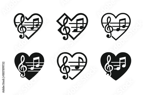 Therapeutic Music Logos. Music as a therapeutic tool. Icon set. Set Logo of Music as a therapeutic tool: hand holding musical note. harmonious logo variations