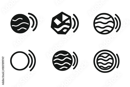 Venus Exploration Logos. Venus exploration. Icon set. Set Logo of Venus exploration: Venus planet sphere. harmonious logo variations of the same emblematic