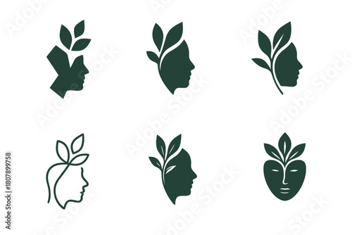 Natural Beauty Icons. Natural beauty treatments and skincare for health. Icon set. Set Logo of Natural beauty treatments and skincare for health: natural face