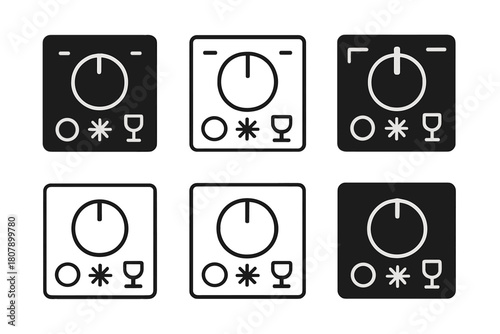 Dishwasher Panel Icons. Dishwasher Panel. Icon set. Set Logo of Dishwasher Panel: Knobs and Dials. harmonious logo variations of the same emblematic concept,