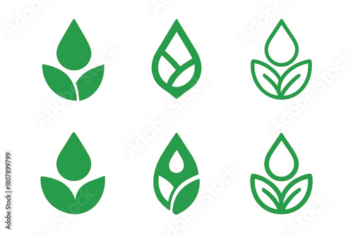 Eco Label Variations. Green label design with eco vibes. Icon set. Set Logo of green label design with eco vibes: water droplet leaf. harmonious logo