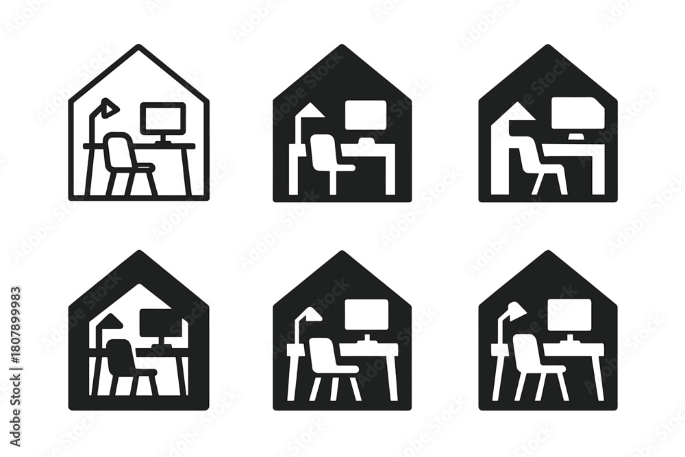 Fototapeta premium Hybrid Work Icons. Remote and hybrid workplaces. Icon set. Set Logo of Remote and hybrid workplaces: home office desk setup. harmonious logo variations of the