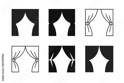 Theater Logo Variations. Theater festivals and events. Icon set. Set Logo of stage performance: theater masks on curtain backdrop. harmonious logo variations