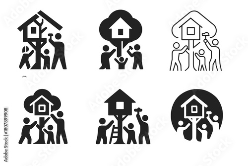Family Treehouse Icons. A Family Building a Treehouse or Playhouse in the Backyard. Icon set. Set Logo of Backyard Play: Family Teamwork. harmonious logo