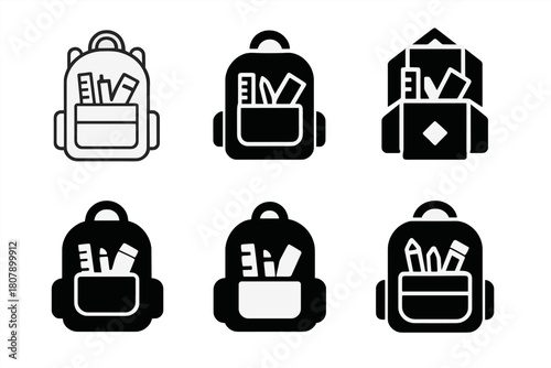 Backpack Logo Variations. Backpack with school supplies. Icon set. Set Logo of Backpack: Backpack. harmonious logo variations of the same emblematic concept