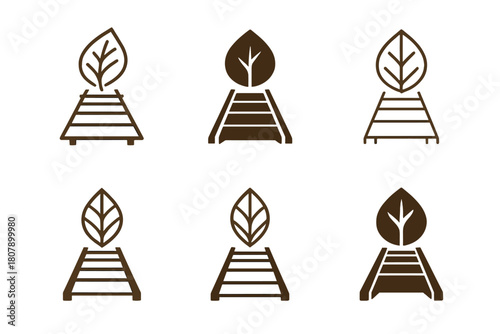 Wooden Bridge Logos. Wooden bridge slat. Icon set. Set Logo of Wooden bridge slat: planked bridge merging into nature leaf. harmonious logo variations of the