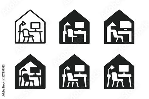 Hybrid Work Icons. Remote and hybrid workplaces. Icon set. Set Logo of Remote and hybrid workplaces: home office desk setup. harmonious logo variations of the