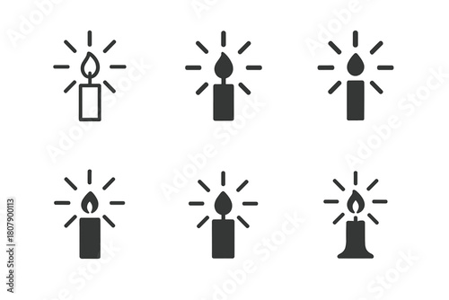 Candle Magic Emblems. Candle magic. Icon set. Set Logo of ritual flame: single candle with aura glow. harmonious logo variations of the same emblematic