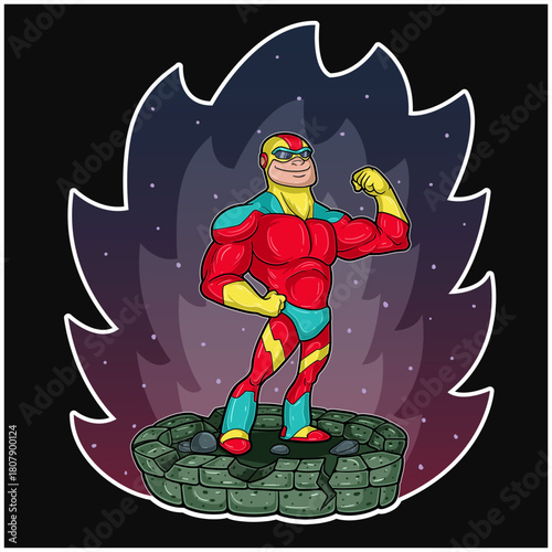 Cartoon Mascot Character of Superhero standing and smiling on a stone circle with a muscular pose and a night sky backgrounds