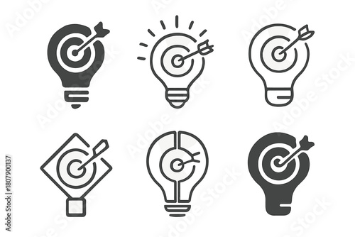 Creative New Year Icons. New Year goal setting. Icon set. Set Logo of New Year goal setting: lightbulb inspiration. harmonious logo variations of the same