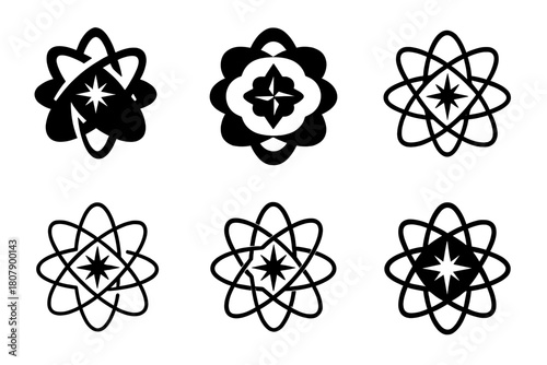 Educational Icon Variations. Educational moments (learning about science, history, geography). Icon set. Set Logo of Educational moments: compass rose blending