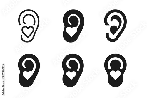 Compassionate Listening Icons. Compassionate Listening. Icon set. Set Logo of Compassionate Listening: Ear with Heart. harmonious logo variations of the same
